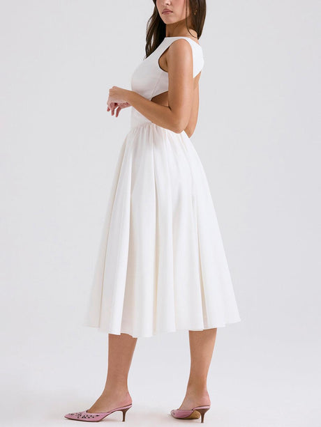 Aurohaya Stylish And Elegant Solid Color Round Neck Backless Sleeveless Midi Dress
