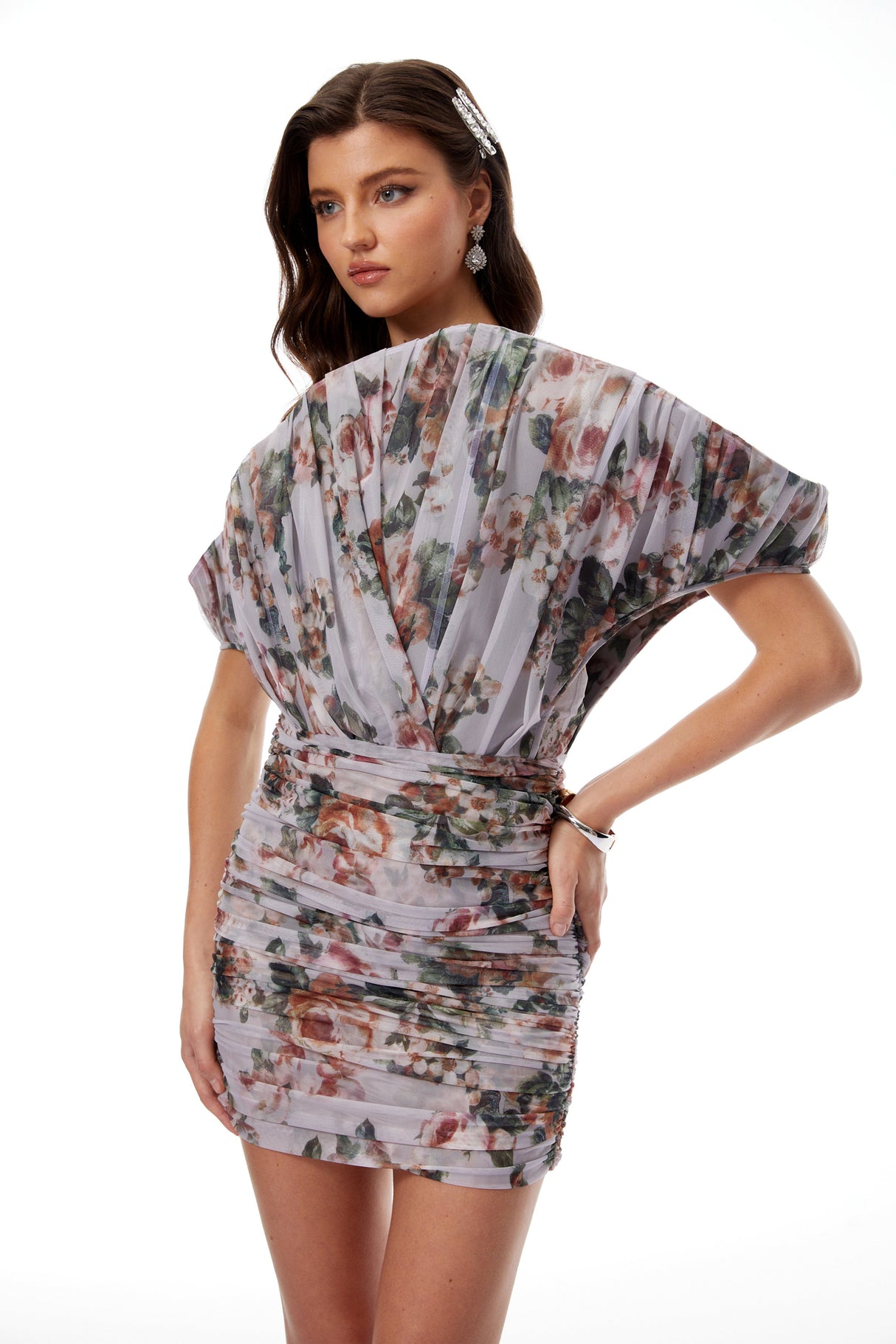 Aurohaya Felicia Grey Asymmetrical Floral Print Mini Dress
