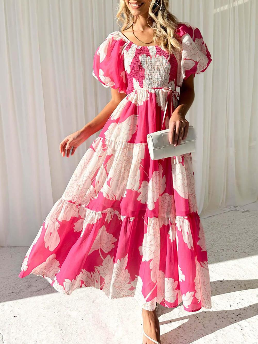 Aurohaya Unique Floral Print Patchwork Up Pleated Maxi Dress Pink