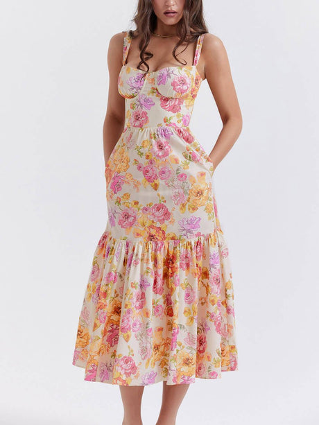 Aurohaya Strap A-Hem Floral Midi Dress