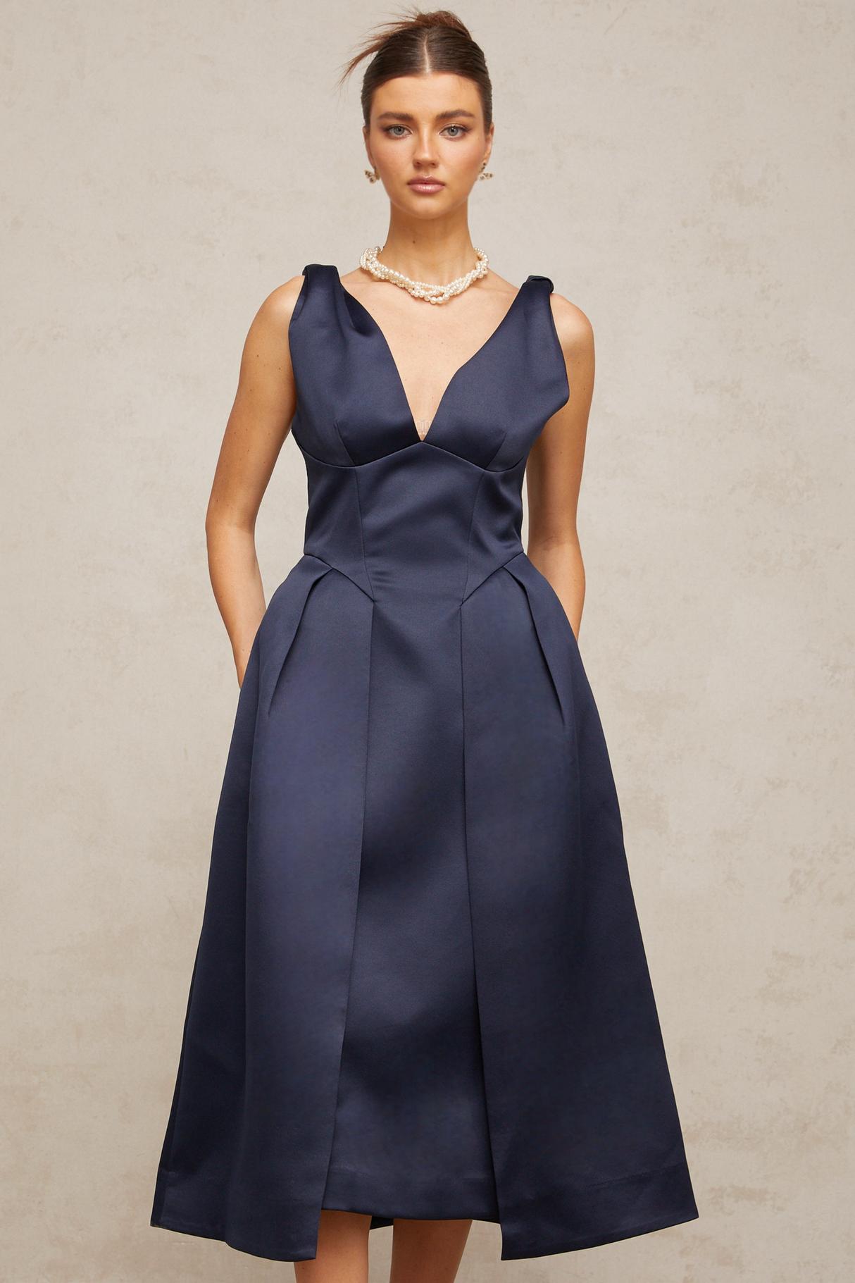 Aurohaya Chantale blue twist-detail satin midi dress