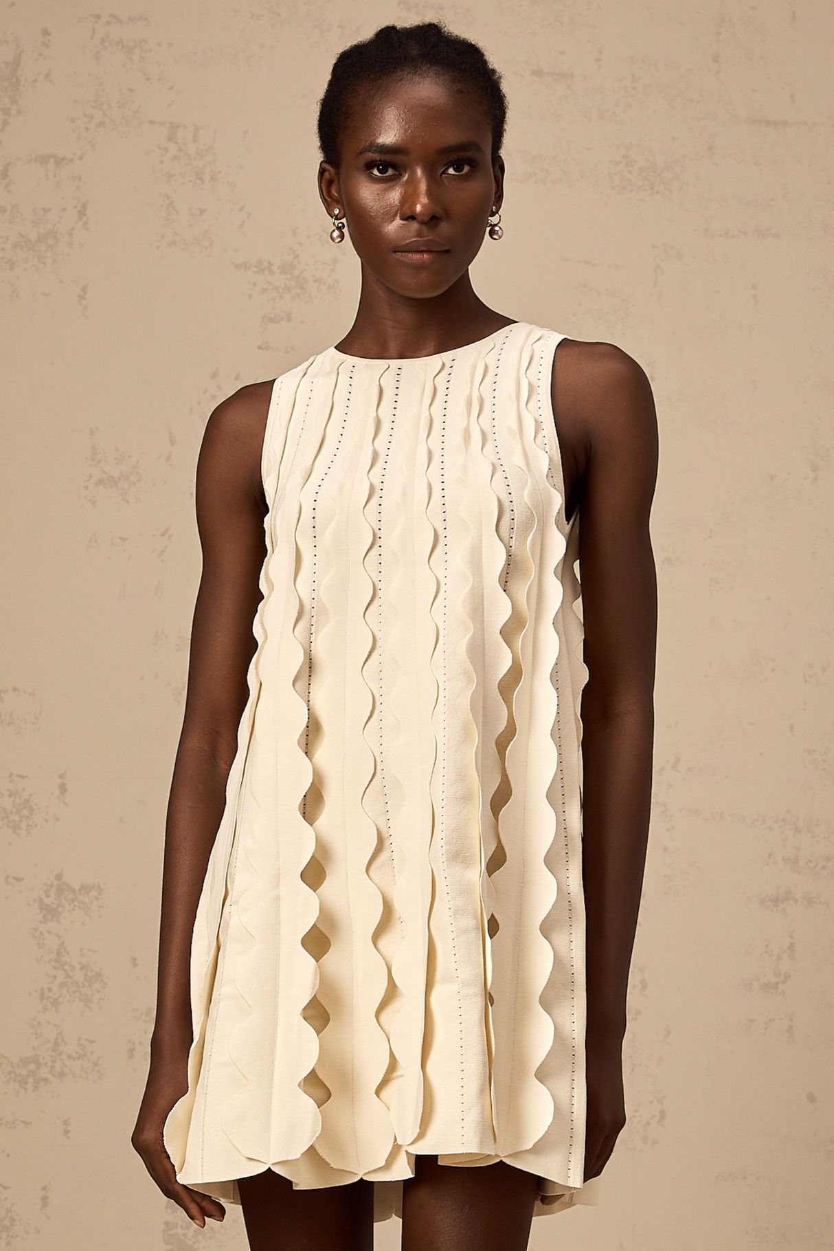 Aurohaya Axelle white wavy-detail sleeveless mini dress