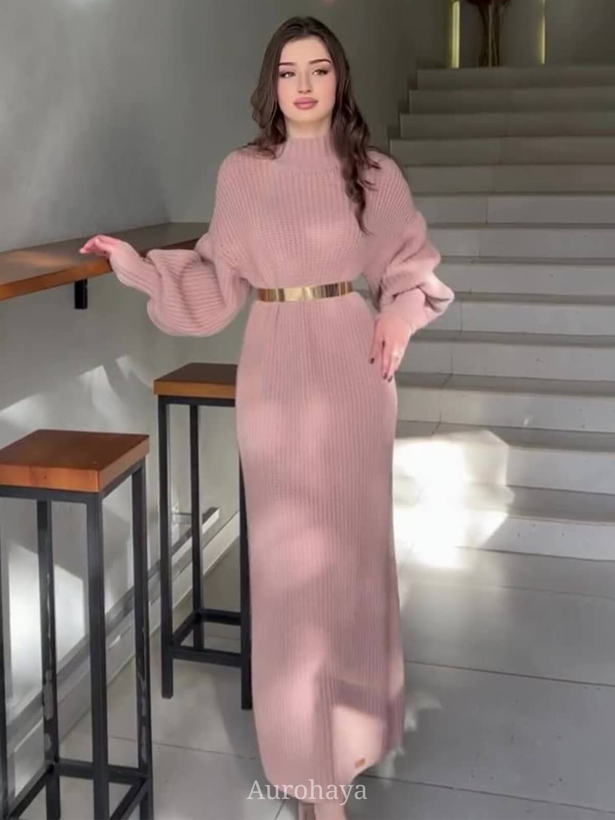Chic Knit Turtleneck Long Sleeve Bodycon Dress with Waist Belt
