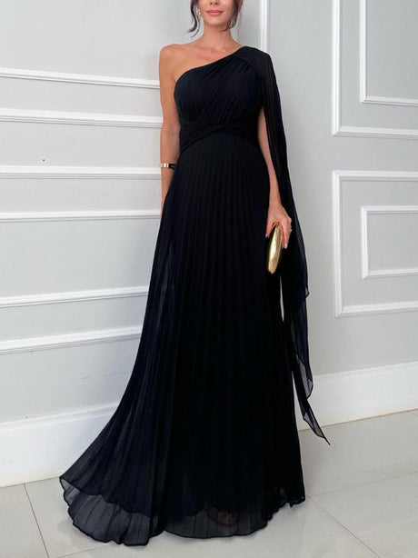 Aurohaya Elegant Flowing Pleated Off-the-Shoulder Maxi Dress Black