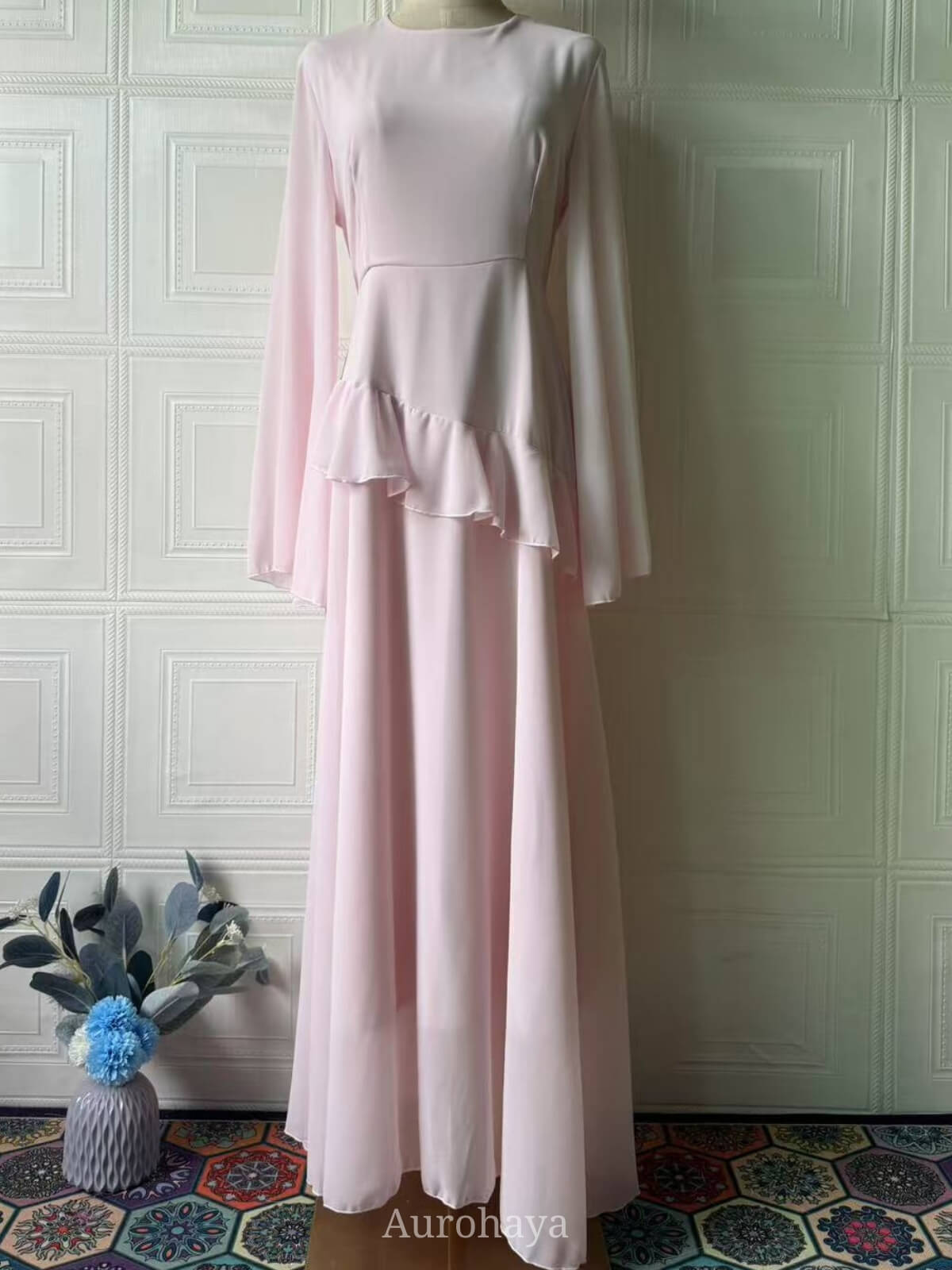 Ruffle Trim Lace-Up Round Neck Long-Sleeve Maxi Dress