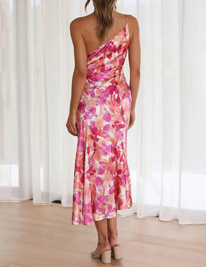 Aurohaya Pink Floral One Shoulder Ruched Satin Dress