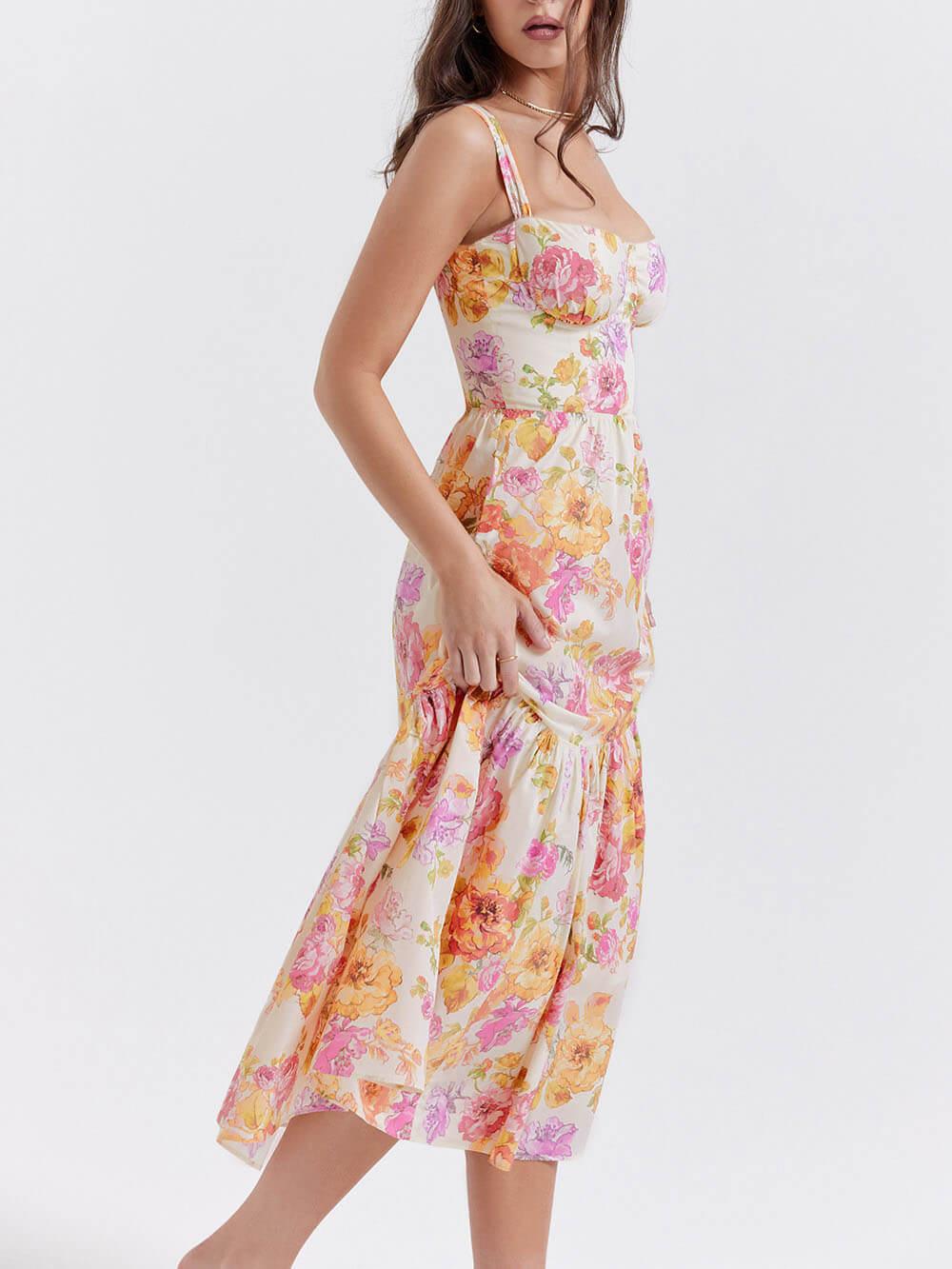 Aurohaya Strap A-Hem Floral Midi Dress