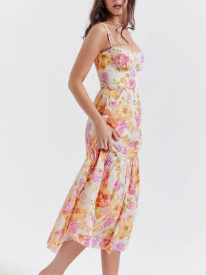 Aurohaya Strap A-Hem Floral Midi Dress
