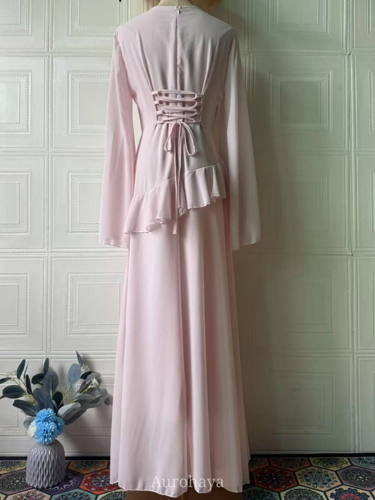Ruffle Trim Lace-Up Round Neck Long-Sleeve Maxi Dress