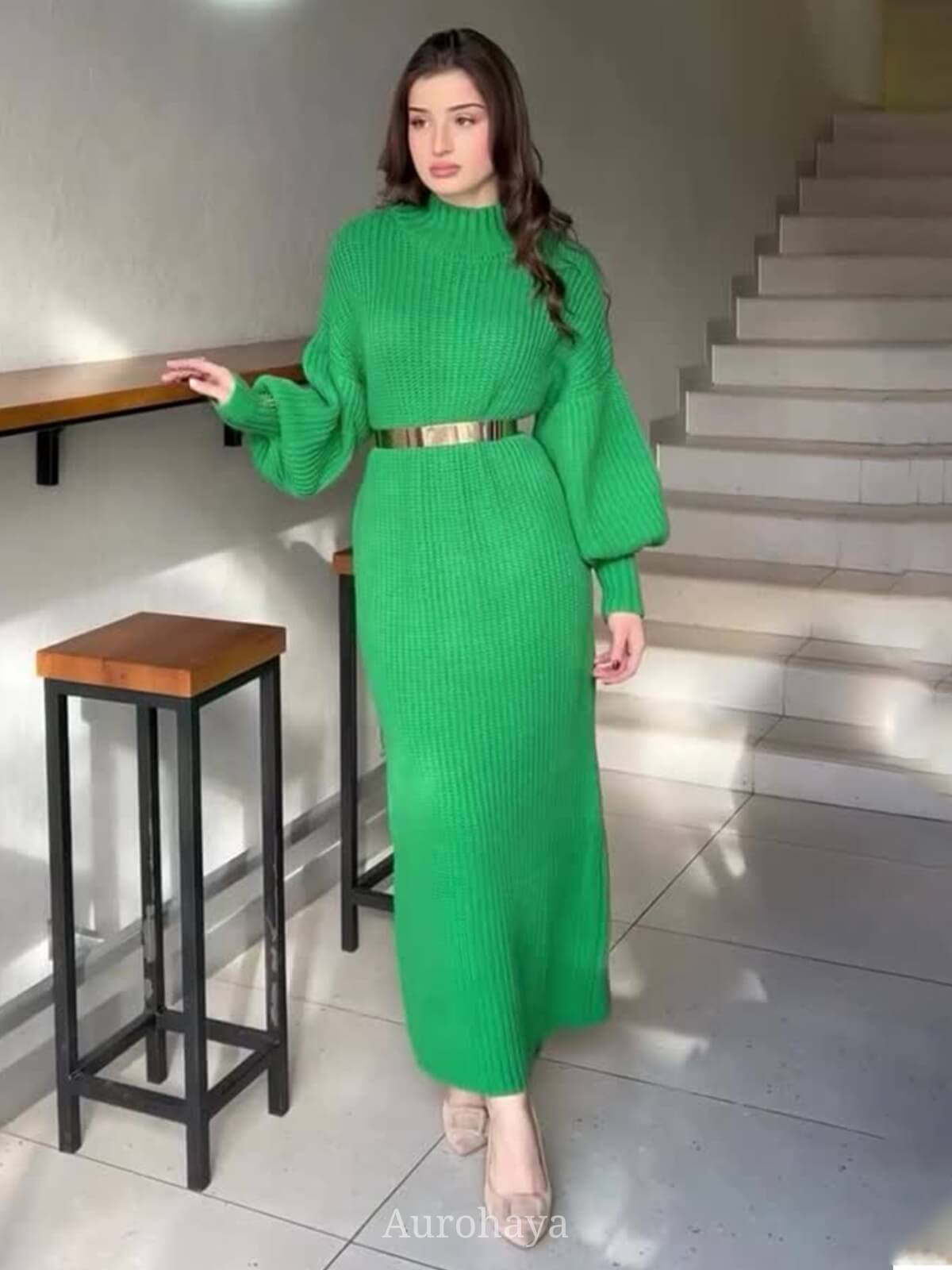 Chic Knit Turtleneck Long Sleeve Bodycon Dress with Waist Belt