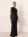 Elegant One Shoulder Neck Pleated Party Maxi Dress