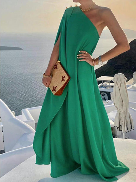 Aurohaya Fashionable Solid Color Loose One Shoulder Maxi Dress Green