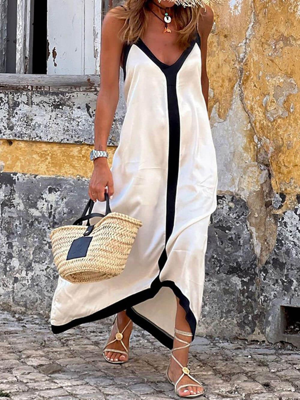 Aurohaya Colorblock Suspender Midi Dress White