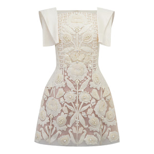 Aurohaya Léa White Floral Appliqué Crochet Mini Dress