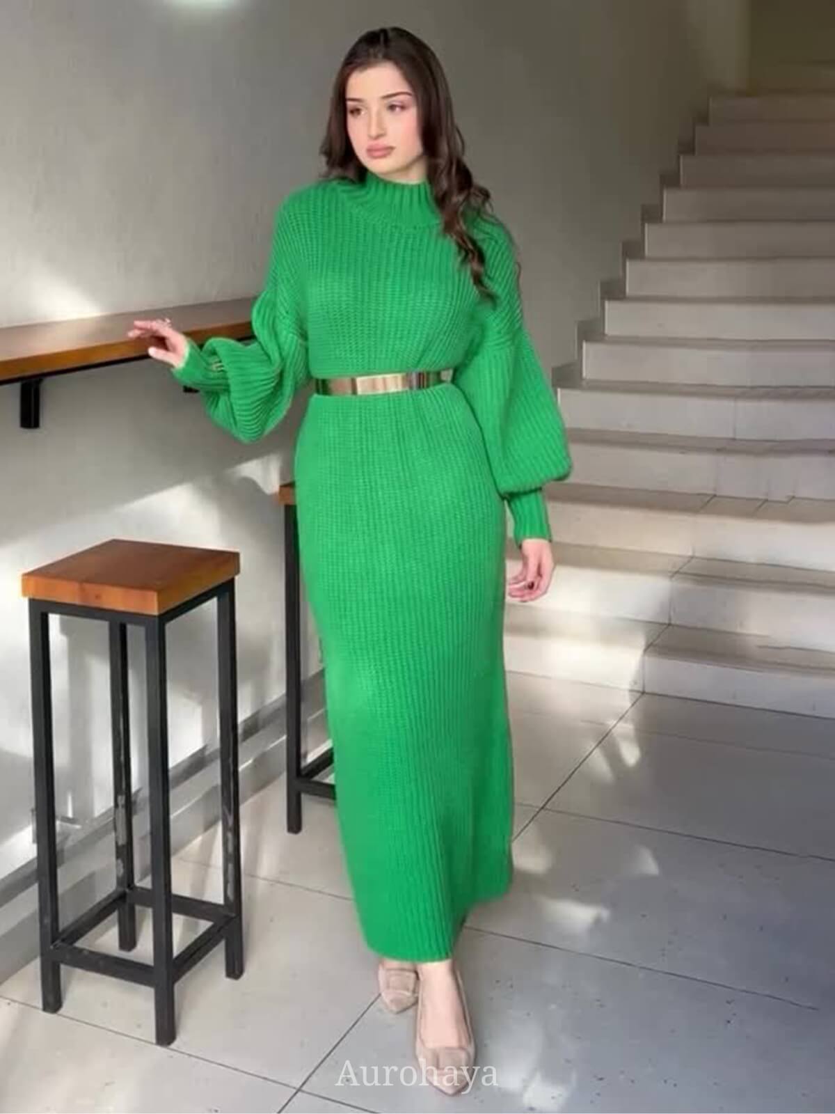 Chic Knit Turtleneck Long Sleeve Bodycon Dress with Waist Belt