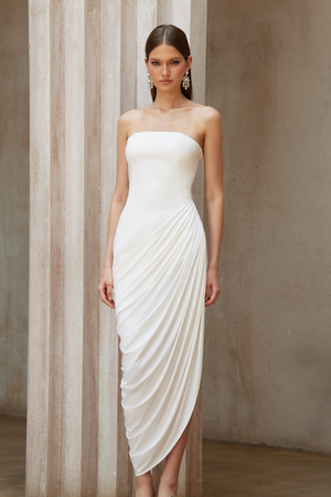 Aurohaya Wanda White Asymmetrical Ruched Midi Dress