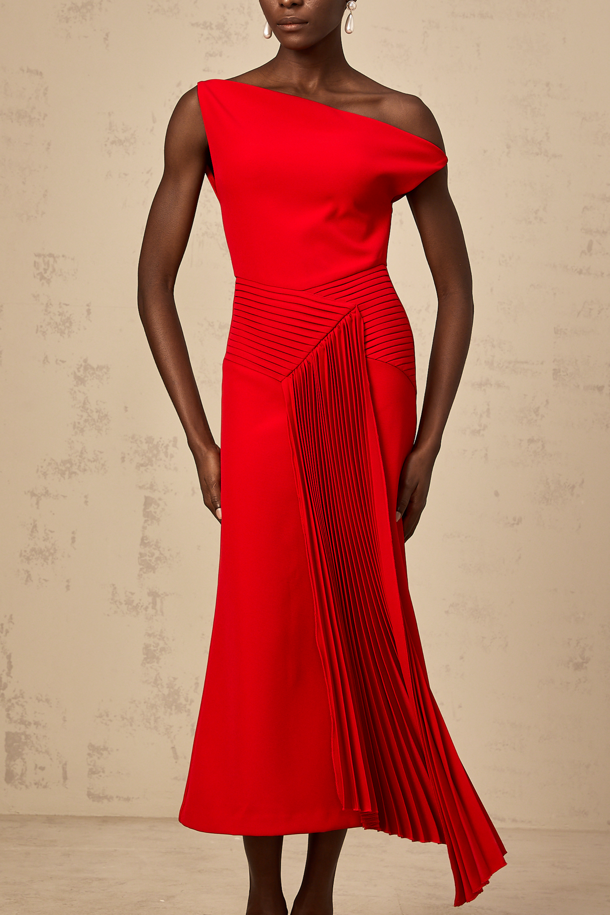 Aurohaya Laurine asymmetrical draped midi dress in Red
