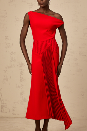Aurohaya Laurine asymmetrical draped midi dress in Red