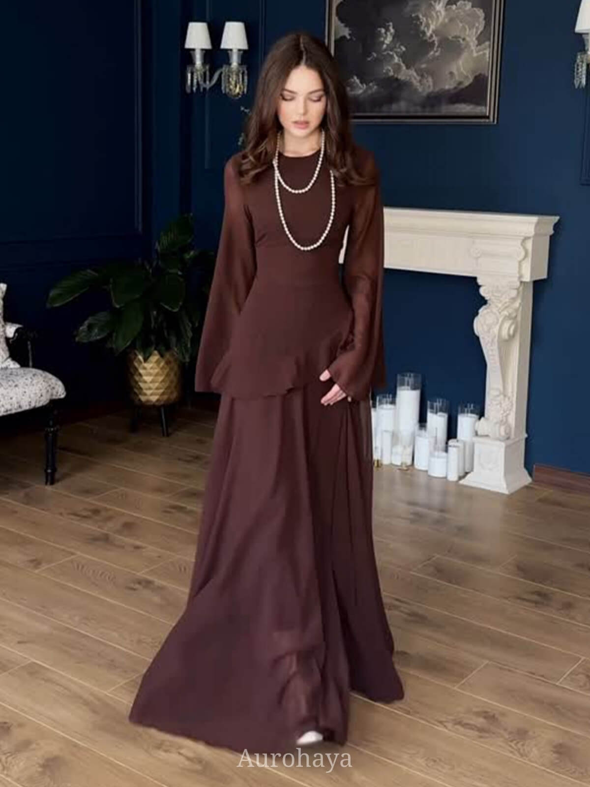 Ruffle Trim Lace-Up Round Neck Long-Sleeve Maxi Dress