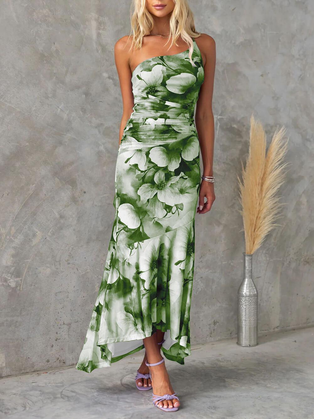 Aurohaya Beautiful Casual Off-Shoulder Floral Print Elastic Slim Irregular Maxi Dress