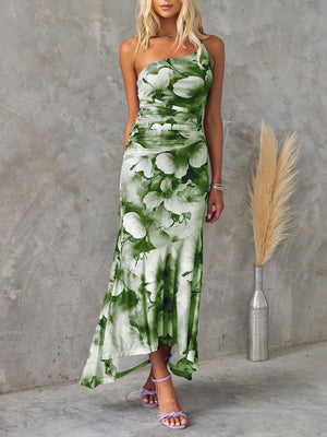 Aurohaya Beautiful Casual Off-Shoulder Floral Print Elastic Slim Irregular Maxi Dress