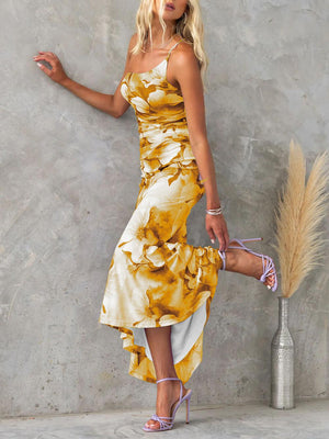 Aurohaya Beautiful Casual Off-Shoulder Floral Print Elastic Slim Irregular Maxi Dress