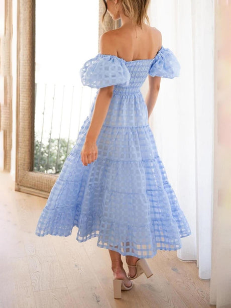 Aurohaya Fashionable One-Shoulder Chiffon Puff Sleeve Swing Midi Dress