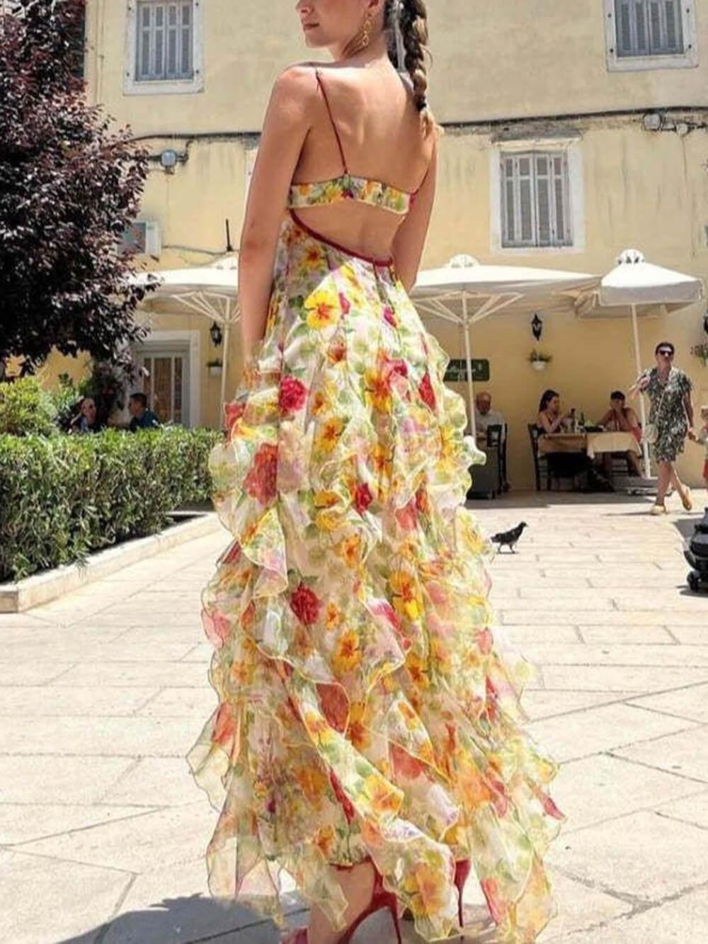Aurohaya Fashionable Chiffon Printed Off-Shoulder Slit Maxi Dress
