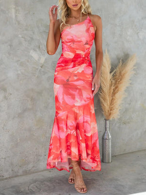 Aurohaya Beautiful Casual Off-Shoulder Floral Print Elastic Slim Irregular Maxi Dress Red