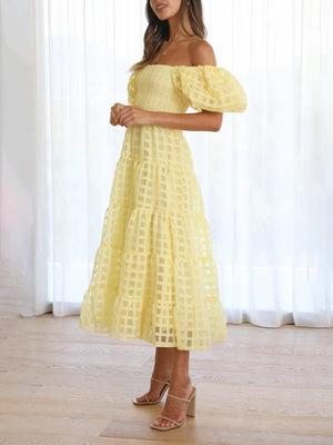 Aurohaya Fashionable One-Shoulder Chiffon Puff Sleeve Swing Midi Dress