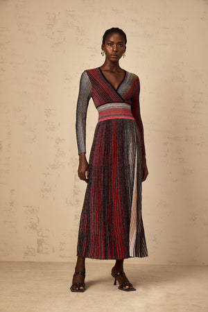 Aurohaya Amaryllis Red Long Sleeve Sequin Striped Knit Maxi Dress
