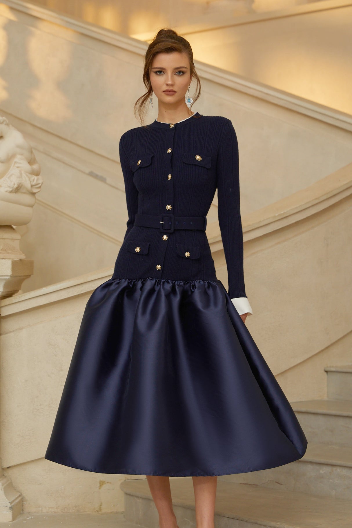 Aurohaya Fern Navy Blue Satin Panel Knit Midi Dress