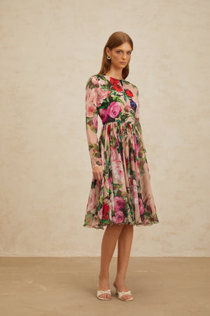 Aurohaya Coralie Pink Rose Print Summer Silk Midi Dress