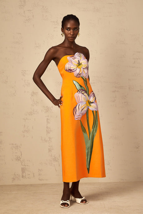 Aurohaya Irène Sequin Embroidered Off-Shoulder Midi Dress in Orange