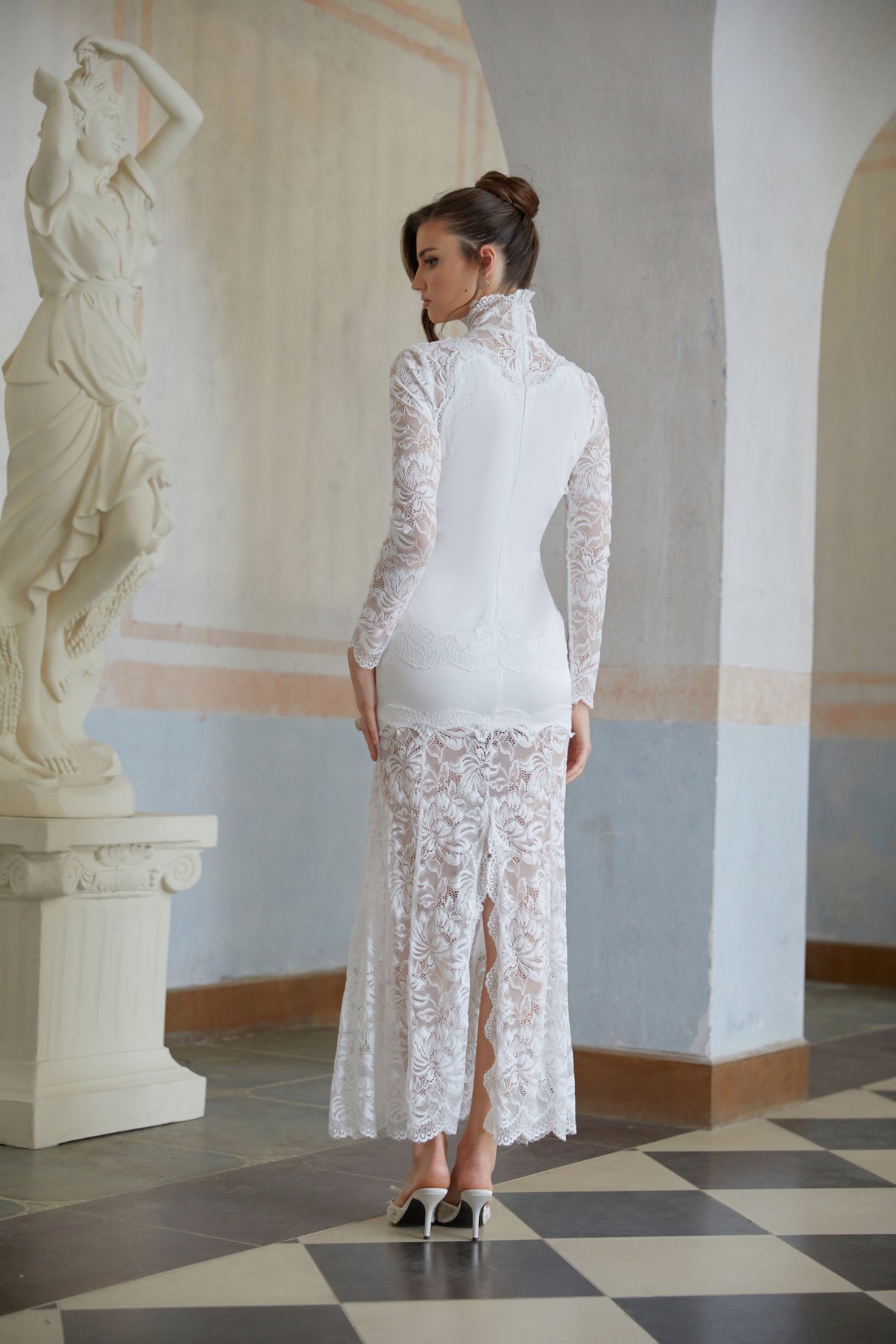 Aurohaya Airelle White Satin Panel Lace Maxi Dress
