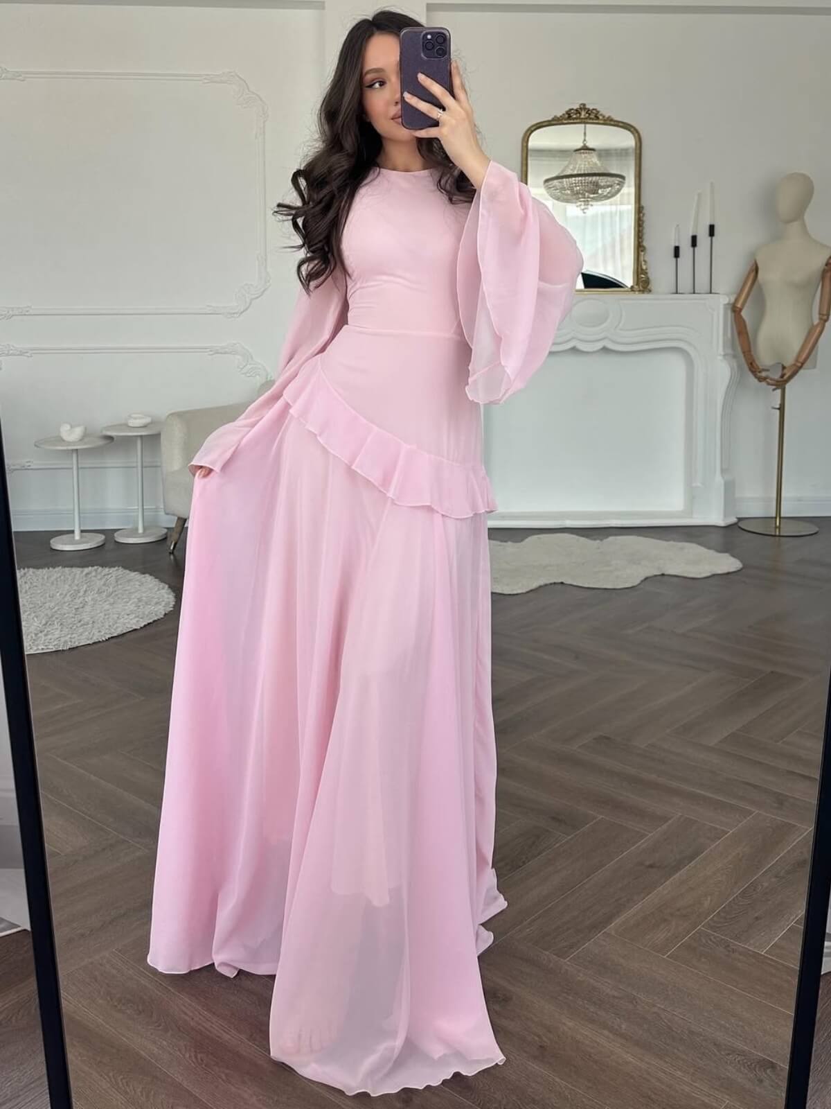 Cinched-Waist Bell‑Sleeve Ruffle Maxi Dress