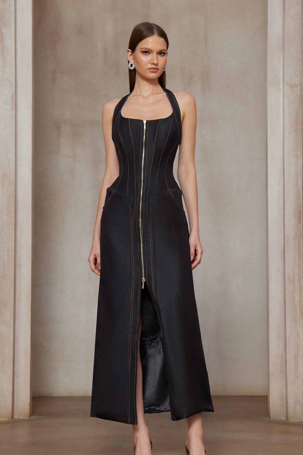 Aurohaya Adrienne black denim front-slit contrast-stitching maxi dress