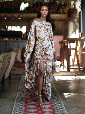 Aurohaya Elegant One-Shoulder Floral Draped Ruched Maxi Dress
