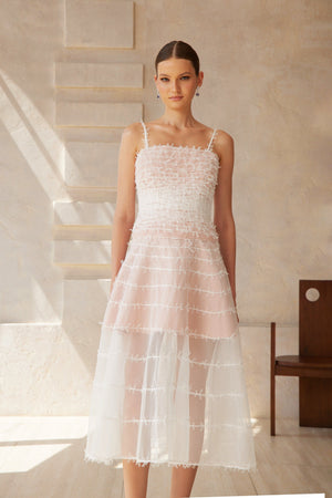 Aurohaya Eléonore White Creased Tulle Midi Dress