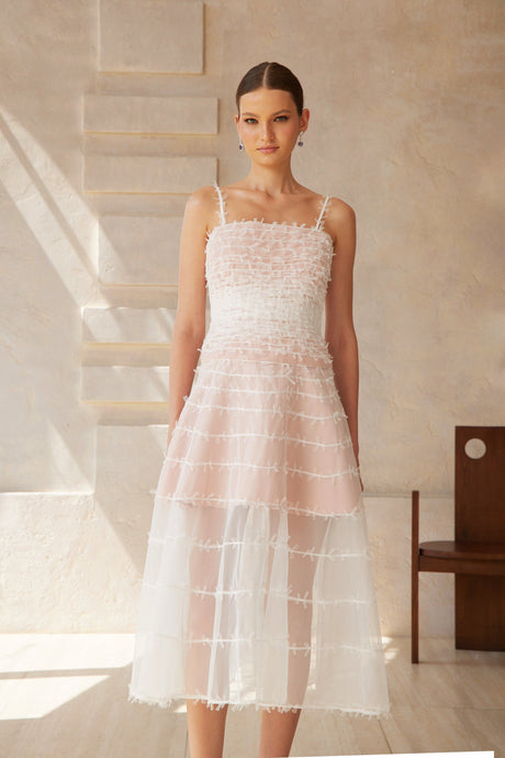 Aurohaya Eléonore White Creased Tulle Midi Dress