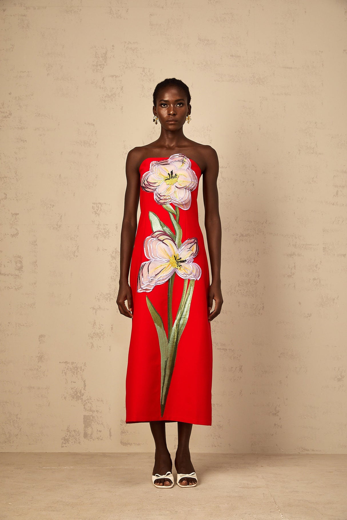 Aurohaya Irène Sequin Embroidered Off-Shoulder Midi Dress in Red