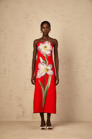 Aurohaya Irène Sequin Embroidered Off-Shoulder Midi Dress in Red