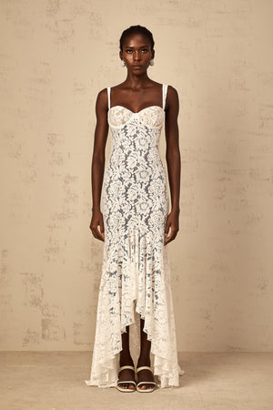 Aurohaya Abbie White Floral Lace Bustier Maxi Dress