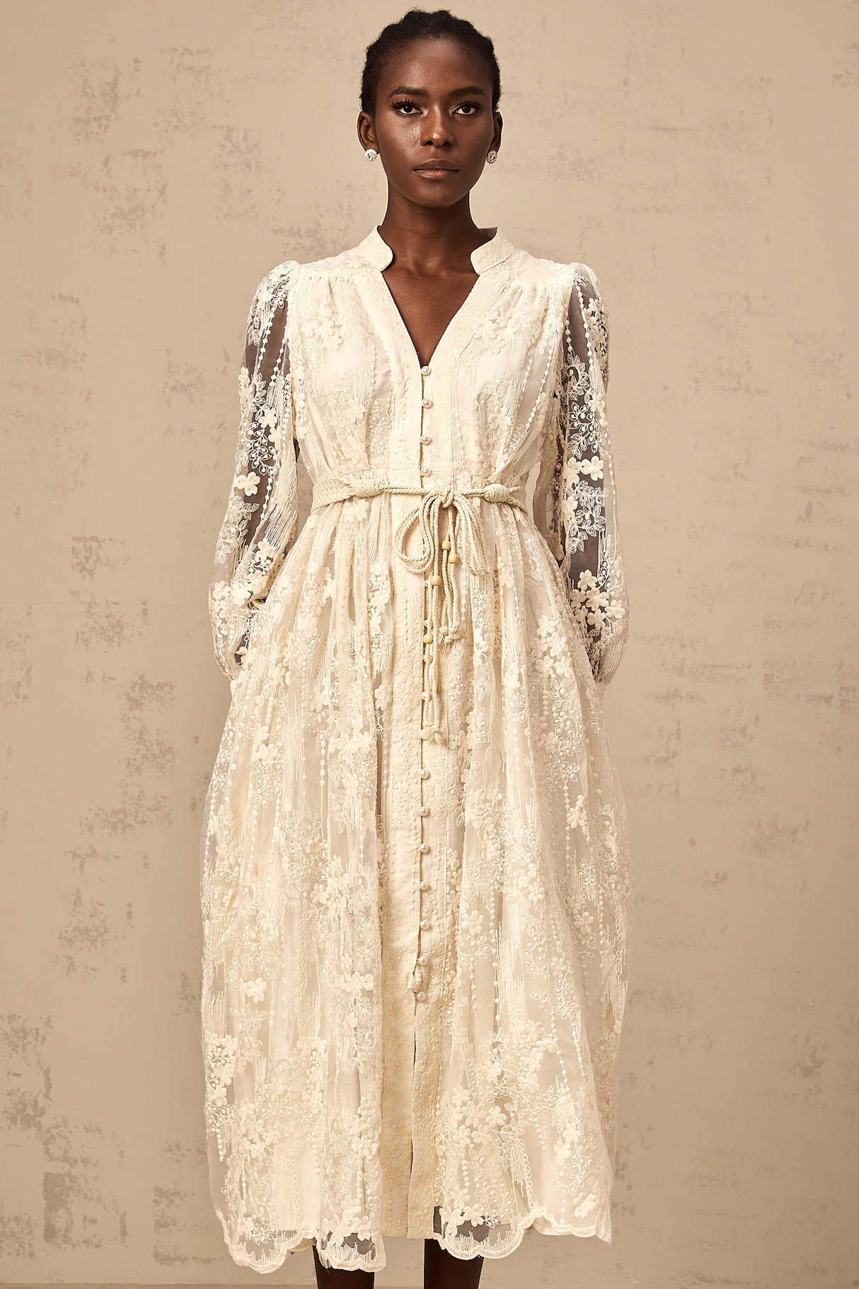 Aurohaya Roxane neutrals lace-embroidered midi dress