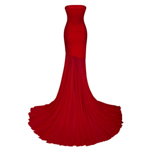 Aurohaya Josiane red off-shoulder sheer tulle maxi dress
