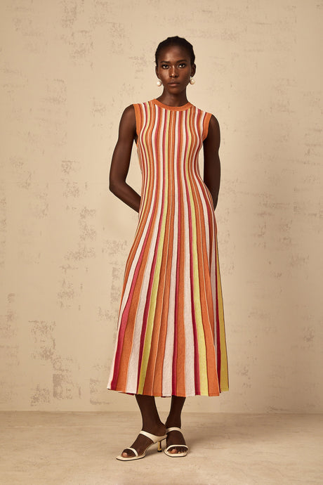 Aurohaya Abriana Orange Vertical Striped Knit Midi Dress