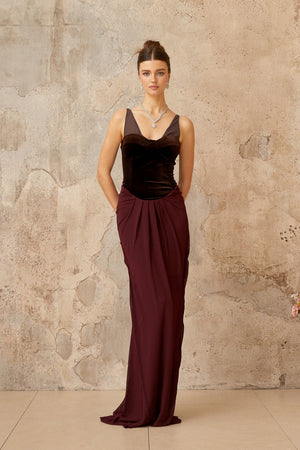 Aurohaya Ariane burgundy velvet-panel shirred maxi dress