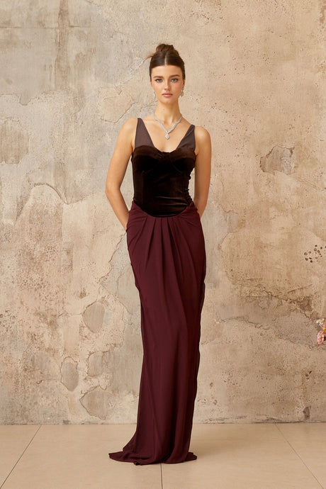 Aurohaya Ariane burgundy velvet-panel shirred maxi dress