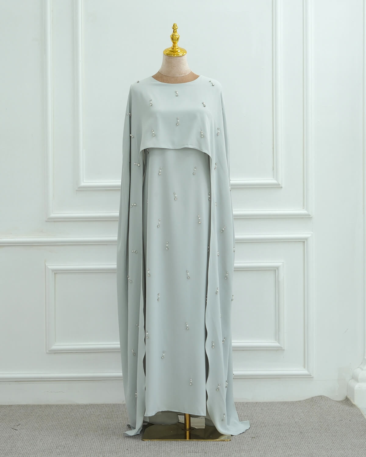 Luxury Pearl & Diamond Maxi Cape Dress