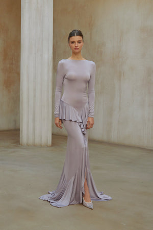 Aurohaya Xenia Purple Ruffle Detail Maxi Dress with Front Slit